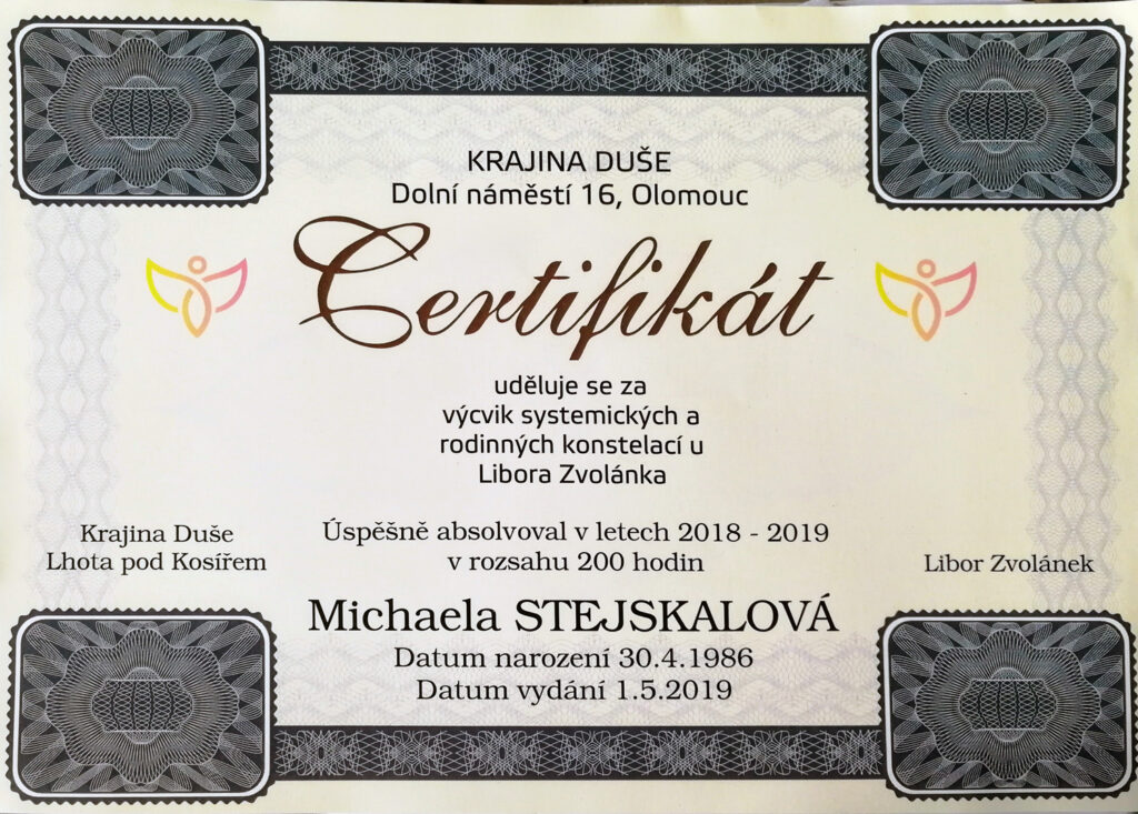 Michaela Páral - Certifikát
